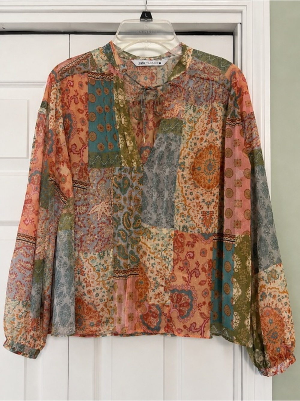 Zara Patchwork Look Sheer Front Tie Metallic Thread Blouse Top | Boho EUC S 2695